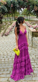 Vintage Fuchsia V-neck Spaghetti Strap A-Line Chiffon Prom Dress Party Dress Evening Dress HZ1024