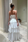 Vintage White Chiffon Strapless A-Line Tiered Prom Dress Party Dress Evening Dress HZ1024