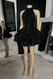 Retro Black Sparkling Sequin Halter Dress Design A-Line Tiered Party Dress Homecoming Dress HZ1024