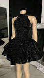 Retro Black Sparkling Sequin Halter Dress Design A-Line Tiered Party Dress Homecoming Dress HZ1024