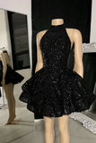 Retro Black Sparkling Sequin Halter Dress Design A-Line Tiered Party Dress Homecoming Dress HZ1024