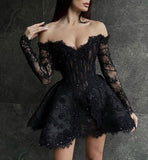 Vintage Shiny Black Lace Beaded Off-the-shoulder A-Line Short Party Dress Cocktail Dress Homecoming Dress HZ1024