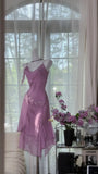 Gorgeous Rose Pink Applique Spaghetti Strap Chiffon Prom Dress Evening Dress HZ1024