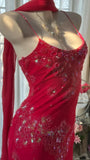 Vintage Red Chiffon Shiny Beaded Spaghetti Strap Mermaid Long Prom Dress Evening Dress HZ1024
