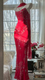 Vintage Red Chiffon Shiny Beaded Spaghetti Strap Mermaid Long Prom Dress Evening Dress HZ1024