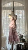 Gorgeous Pink Sweetheart Glittering Beaded Spaghetti Strap Chiffon Mermaid Prom Dress Evening Dress HZ1024