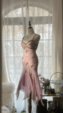 Gorgeous Pink Sweetheart Glittering Beaded Spaghetti Strap Chiffon Mermaid Prom Dress Evening Dress HZ1024