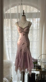 Gorgeous Pink Sweetheart Glittering Beaded Spaghetti Strap Chiffon Mermaid Prom Dress Evening Dress HZ1024