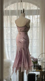 Gorgeous Pink Sweetheart Glittering Beaded Spaghetti Strap Chiffon Mermaid Prom Dress Evening Dress HZ1024