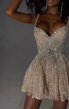 Vintage Silvery Shiny Beaded A-Line Short Party Dress Cocktail Dress Homecoming Dress HZ1024