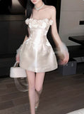 Retro Beige Sequin 3D Floral Strapless Design A-line Party Dress Homecoming Dress HZ1024