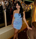 Retro Sparkling Blue Strapless Sequin Design Bodycon Party Dress Homecoming Dress HZ1024
