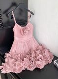 Cute Pink Spaghetti Strap Ruffle Design A-Line Homecoming Dress Party Dress Prom Dresses HZ1024