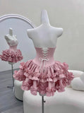 Vintage Pink Sweetheart Ruffle A-Line Tiered Short Party Dress Cocktail Dress Homecoming Dress HZ1024