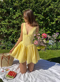 Vintage Yellow V-neck A-Line Short Party Dress Cocktail Dress Homecoming Dress HZ1024