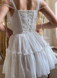 Vintage White Lace Spaghetti Strap A-Line Short Tiered Party Dress Cocktail Dress Homecoming Dress HZ1024
