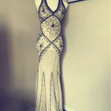 Vintage Ivory V-neck Embroidery Mermaid Prom Dress Party Dress Evening Dress HZ1024