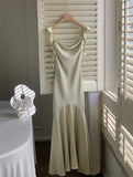 Vintage Sage Green Ruffle Mermaid Satin Long Prom Dress Party Dress Evening Dress HZ1024