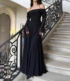Vintage Black Chiffon Off-the-shoulder A-Line Long Prom Dress Party Dress Evening Dress HZ1024