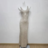 Elegant Champagne Glittering Sequin Beaded Halter-neck Mermaid Prom Dress Party Dress Evening Dress HZ1024