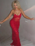 Vintage Shiny Sequined Red Mermaid Lace Applique Spaghetti Strap Long Prom Dress Evening Dress HZ1024