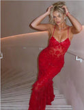 Vintage Shiny Sequined Red Mermaid Lace Applique Spaghetti Strap Long Prom Dress Evening Dress HZ1024