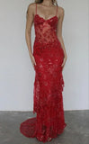 Vintage Shiny Sequined Red Mermaid Lace Applique Spaghetti Strap Long Prom Dress Evening Dress HZ1024