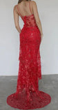 Vintage Shiny Sequined Red Mermaid Lace Applique Spaghetti Strap Long Prom Dress Evening Dress HZ1024