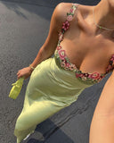 Vintage Green Floral Mermaid Spaghetti Strap Design Satin Prom Dress Evening Dress HZ1024