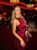 Vintage Burgundy Satin Short Sheath Party Dress Cocktail Dress Homecoming Dress HZ1024