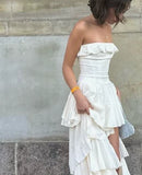 Enchanting White Strapless Ruffles High Slit Long Prom Dress Evening Dress HZ1024