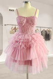 Fashion Pink Lace Ruffled Hem Design Homecoming Dresses Tiered Mini Party Dress HZ1024