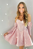 Fashion Pink Sweetheart Design Floral Short Strapless Homecoming Dress HZ1024