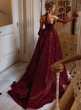 Vintage Sweetheart Burgundy Shiny Sequin Strapless Design A-Line Evening Dress Prom Dress HZ1024