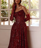 Vintage Sweetheart Burgundy Shiny Sequin Strapless Design A-Line Evening Dress Prom Dress HZ1024