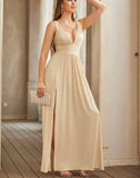Elegant V-neck A-Line Satin High Slit Party Dress Evening Gown Bridesmaid Dress HZ1024