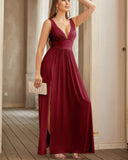 Elegant V-neck A-Line Satin High Slit Party Dress Evening Gown Bridesmaid Dress HZ1024