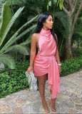 Retro Rose Pink Halter Dress Design A-line Satin Party Dress Homecoming Dress HZ1024