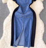 Fashion Design Sense Crew Neck Short Sleeve Patchwork Denim Dress HZ1024