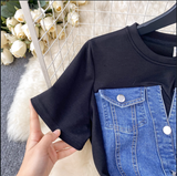 Fashion Design Sense Crew Neck Short Sleeve Patchwork Denim Dress HZ1024