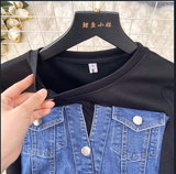 Fashion Design Sense Crew Neck Short Sleeve Patchwork Denim Dress HZ1024