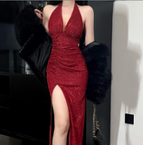 Simple sexy Sparkling Deep V-neck Halter Dress HZ1024