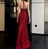 Simple sexy Sparkling Deep V-neck Halter Dress HZ1024
