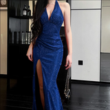 Simple sexy Sparkling Deep V-neck Halter Dress HZ1024