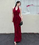 New Simple Red Halter Dress Elegant Party Evening Dress HZ1024