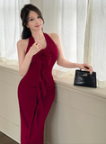 New Simple Red Halter Dress Elegant Party Evening Dress HZ1024