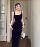 Simple Elegant Purple Velvet Slim-fit Spaghetti Strap Dress HZ1024