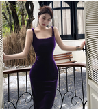 Simple Elegant Purple Velvet Slim-fit Spaghetti Strap Dress HZ1024