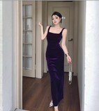 Simple Elegant Purple Velvet Slim-fit Spaghetti Strap Dress HZ1024