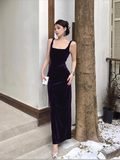 Simple Elegant Purple Velvet Slim-fit Spaghetti Strap Dress HZ1024